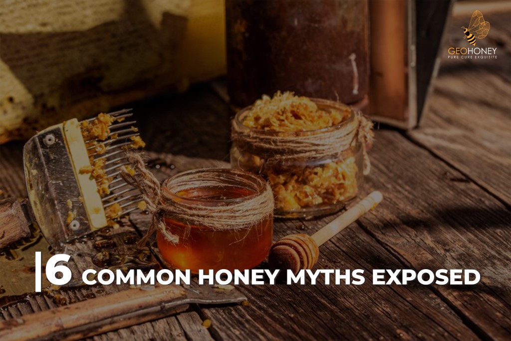 Image depicting a jar of golden honey surrounded by honeycomb, representing the various myths and facts about honey discussed in the blog post.